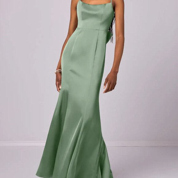 Barbie x Azazie Mermaid Bow Stretch Satin Floor-Length Dress Matcha - Picture 2 of 6